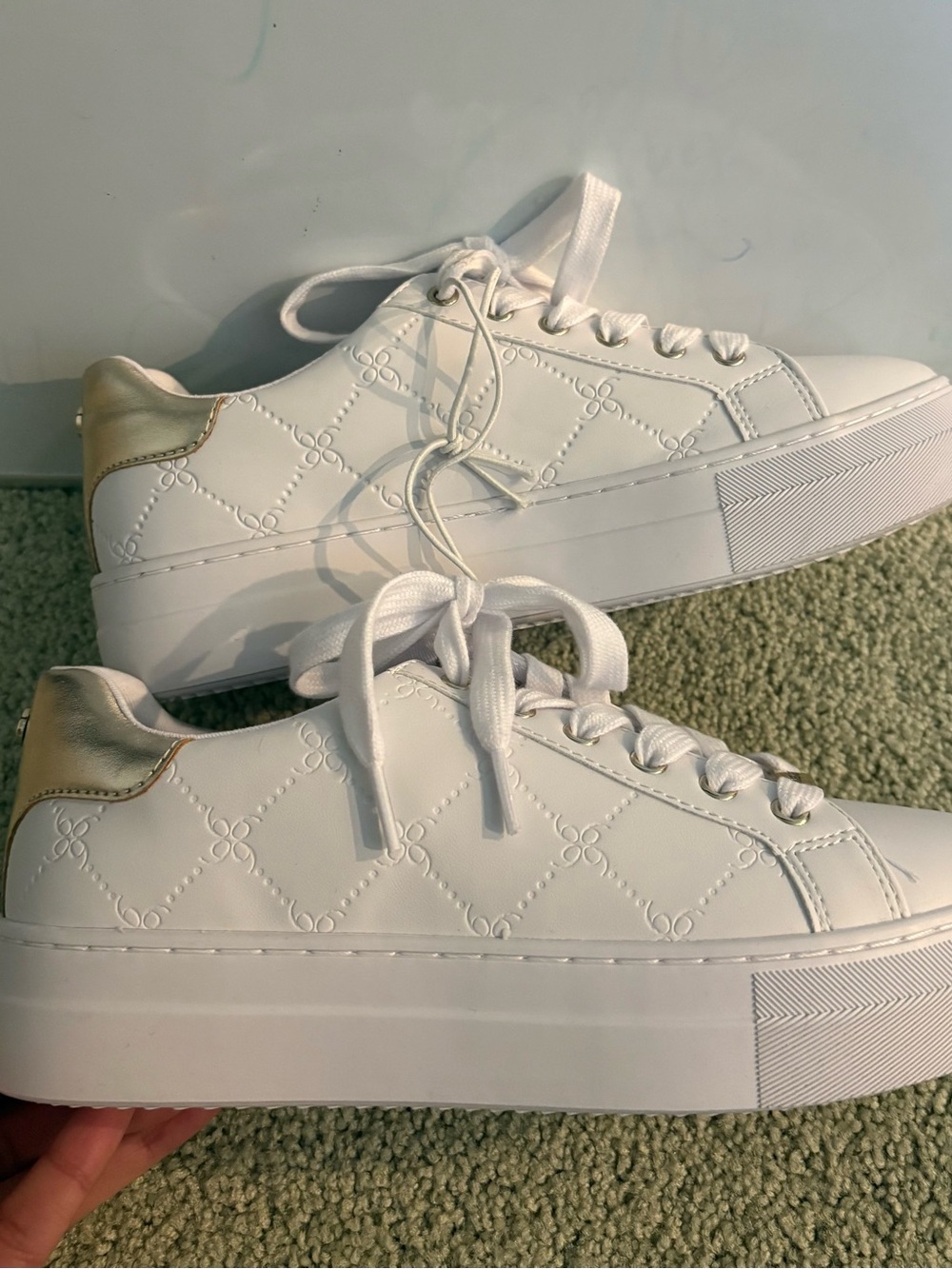 Nine West White Quilted Platform Sneakers with Gold Heel
